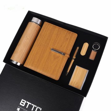 Customized Bamboo Notebook and Ballpen Promotional Gift Set with Keychain and Thermos