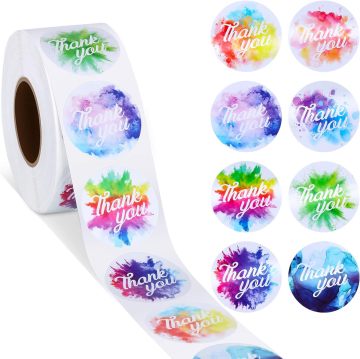 8 Designs 1.5 Inch Adhesive Thank You Stickers - Watercolor Round Labels for Presents and Bags