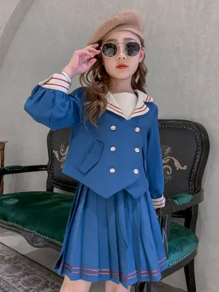 Autumn lapel long-sleeved shirt girls clothing suit blue pleated skirt girls 2 piece clothing sets