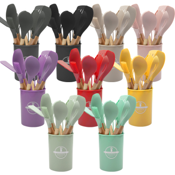 Hot Selling 12-Piece Silicone Cooking Utensil Set with Wooden Handles and Storage Bucket