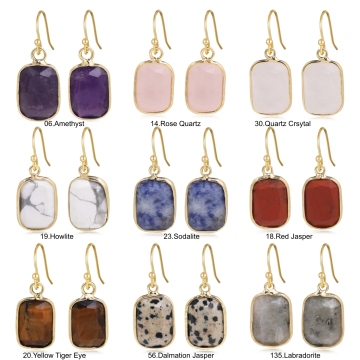 Natural Stone Faceted Square Gold Wrapped Pendant Earrings Crystal Rectangle Pendant Dangle Earring with Gold Hook for Women
