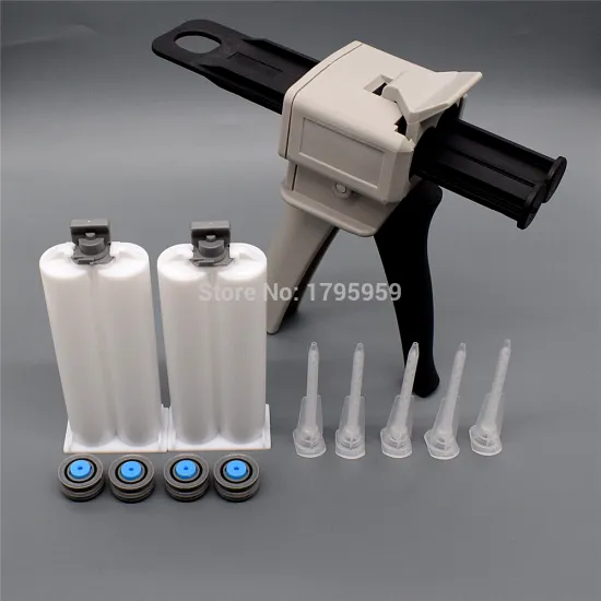 Adhesive Gun Manual Caulking Gun Dispenser 50ml 1:1 AB Glue Gun with 5pc Static Mixing Nozzle 2 Set 50ml Empty Dual Cartridge
