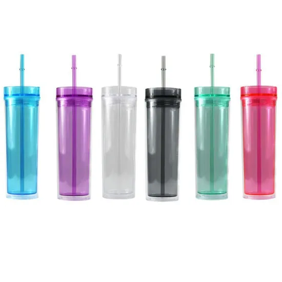 Wholesale Double Wall Transparent Skinny Sippy BPA-Free Custom 400ML Plastic Water Cups with Lids and Straws