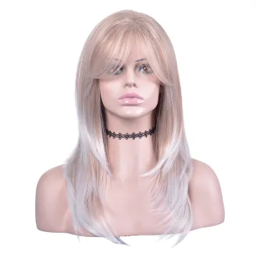 Wholesale  ombre blonde with silvery gray color 16inch  natural straight wigs with natural bang synthetic hair wigs for women