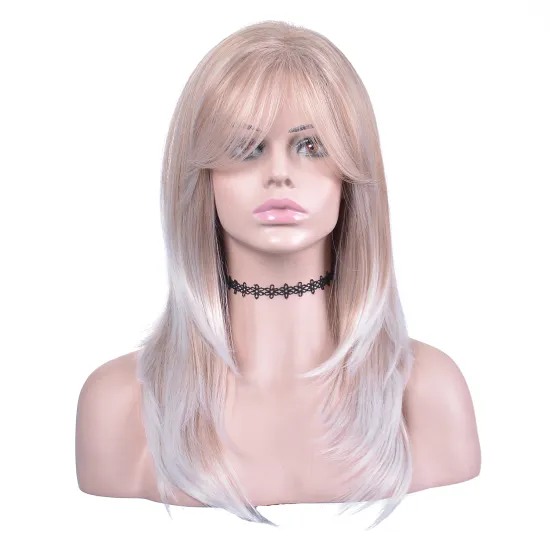 Wholesale  ombre blonde with silvery gray color 16inch  natural straight wigs with natural bang synthetic hair wigs for women