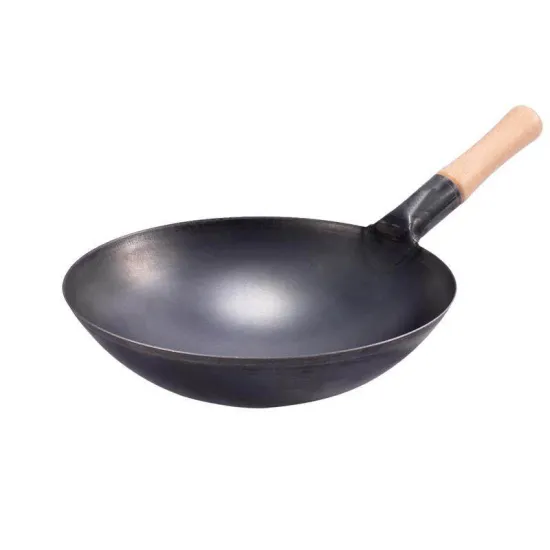 Chinses traditional Wok Pre-seasoned Black Steel Wok Stir Fry Wok Pan With Welded Wooden Handle