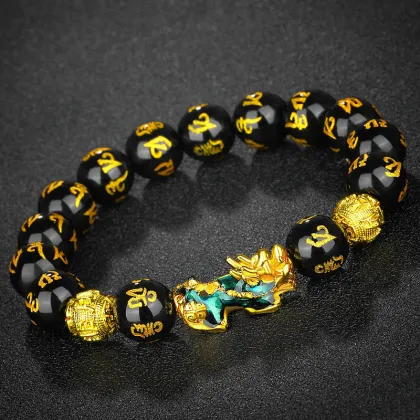 High-Quality Black Obsidian Stone Pixiu Bracelet: Color-Changing Fengshui Charm for Women and Men