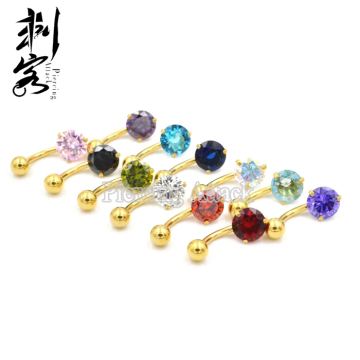 Gold Anodized Round Cubic Zirconia Stone Navel Belly Ring