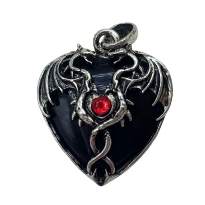 Black Obsidian Heart Antique Silver Double Dragon Stone Pendant (32x42mm) Keychain