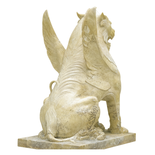 Grandiose Presence Mythical Winged Lion Marble Sculptures