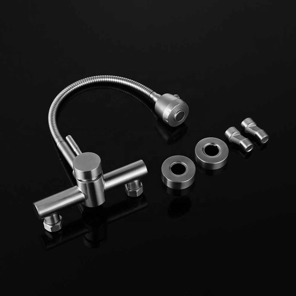 304 스테인레스 스틸 벽 장착 듀얼 홀 360 회전 유연한 주방 탭 믹서 니켈 닦았 싱크 수도꼭지