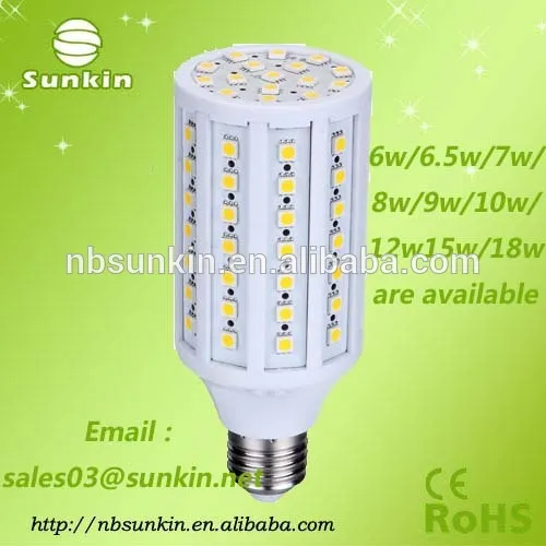 CE ROHS Cool white 6500k E27 base 240V plastic body Led corn 5050 15W high lumen