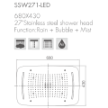 Cabezal de ducha de montaje en techo de 27 &#39;&#39; con LED / Rain + Mist + Bubble Function