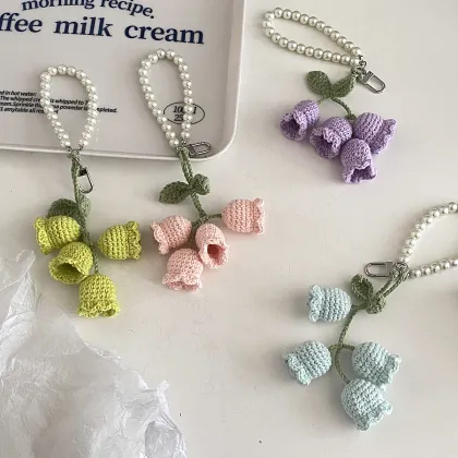 Korean Style Creative Cute Girl's Pearl Chain Wool Crochet Lanling Flower String Keychains