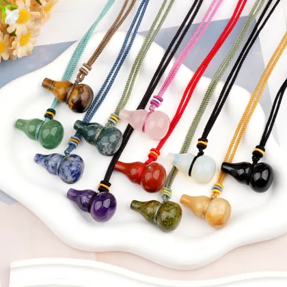 Gemstone Calabash Pendant Neckalce 18X30MM Handmade Craved Calabash Charm Pendant Rope Necklace