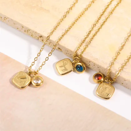 Waterproof 18K Gold Plated Zodiac Necklaces with Stainless Steel, 12 Zodiac Signs, Zircon Birthstone Pendant - INS Jewelry