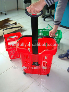 Cheap Price 40L Plastic Telescopic handle rolling shopping basket with 2 wheels