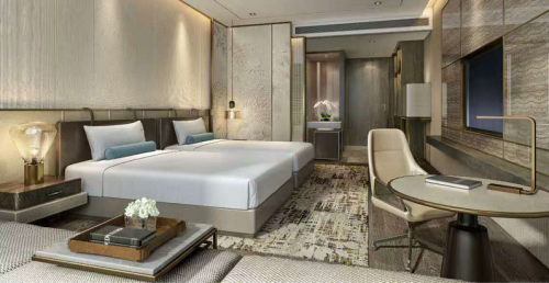 L&#39;arredamento della camera da letto dell&#39;hotel è un moderno letto in legno