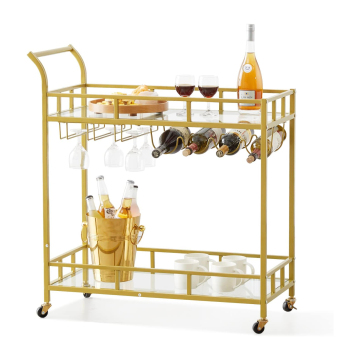 Gold Home Bar Cart with Tempered Glass Shelves and Wine Rack