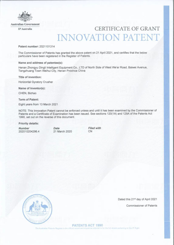 Australian Patent Certificate