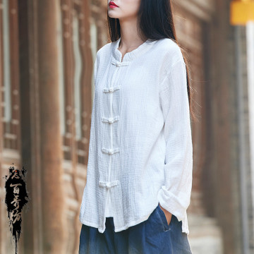Cotton Linen Women's Vintage Zen Stand Collar Shirt