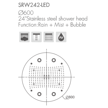 Soffione doccia per montaggio a soffitto da 24 pollici con funzione LED/pioggia+nebbia+bolle