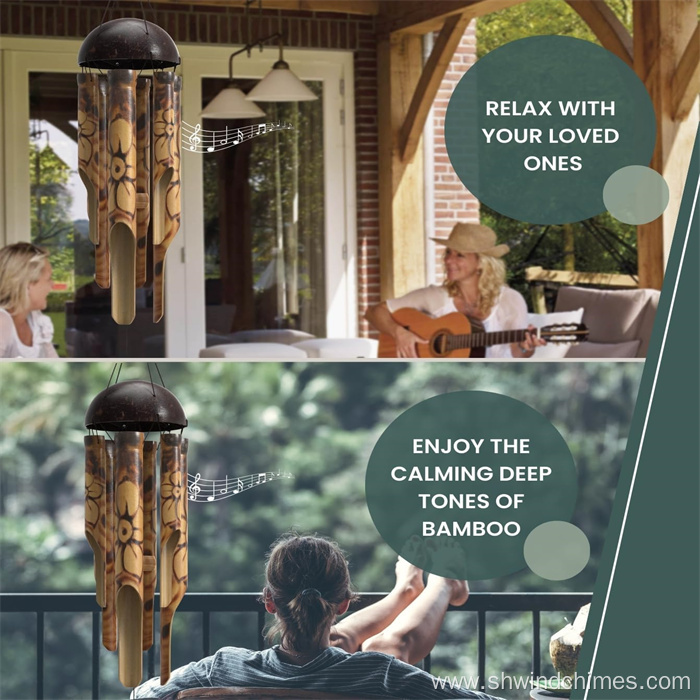 Bamboo Wind Chimes with Burned Design and Coconut Crown