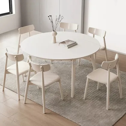 Creamy Style White Sintered Stone Dining Table Set - Telescoping Retractable Home Restaurant Hotel Folding Round Table Set