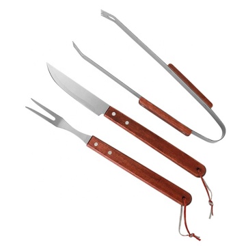 JinHaiYue 3pcs Outdoor Cooking Tool Set: Portable Kitchen BBQ Accessories with Wooden Handles and Stainless Steel Construction