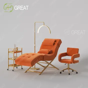 Adjustable Modern Orange Fabric Eyebrow Bed with Gold Metal Base