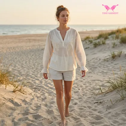 White Embroidered Linen V-Neck Blouse