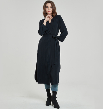 Belted Wrap Collar Long Side Slit Tunic Coat for Women