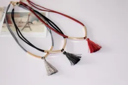 Suede Necklace With Metal Tube Silk Tassel Choker