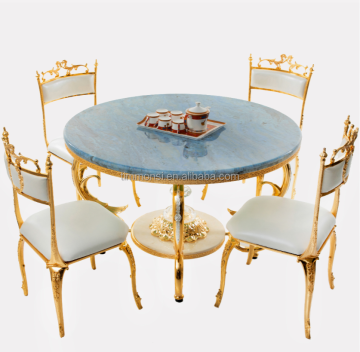 Elegant European Wedding Hotel Dining Table with Golden Copper Frame and Round Marble Top