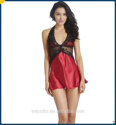 sexy women red lace satin nightgown