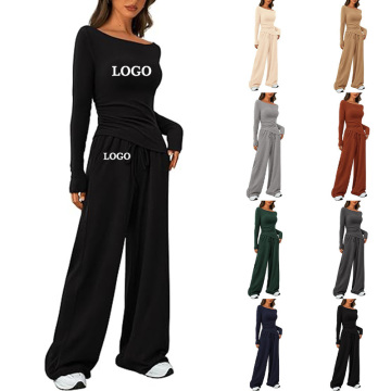 Women's Fall Custom Lounge Set: Long Sleeve Asymmetrical Top & Wide Leg Pants