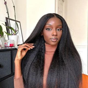 Glueless Kinky Straight Yaki Human Hair Wig 20inch 180% Density