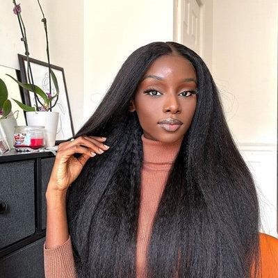 Glueless Kinky Straight Yaki Human Hair Wig 20inch 180% Density