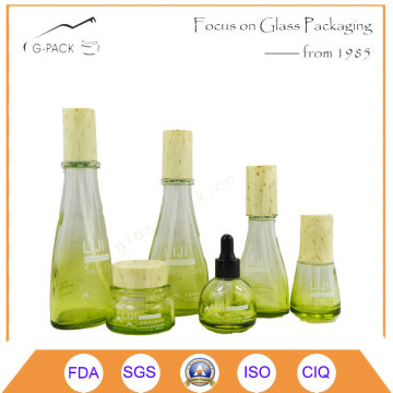 Glass Perfume Bottle and Cream Jars with Wood Caps