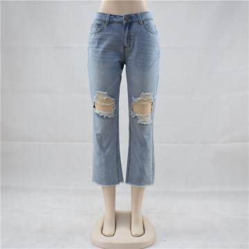 Women's high rise rigid denim raw hem straight