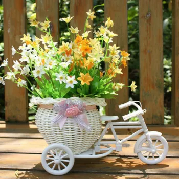 2019 New Bicycle Decorative Flower Basket Newest Plastic White Tricycle Bike Design Flower Basket Storage Party Decoration Pots