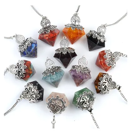 7 Chakra Chip Stone Resin Silver Diamonds Pendant & Pendulum 7 Chakra Chain