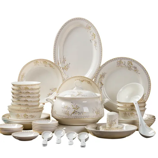 Golden Edged Luxury Porcelain Restaurant Bowls, Dishes, and Plates: A Precious Dinner Set Made of Bone China