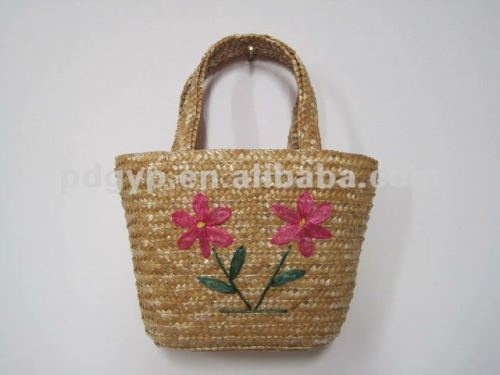 Children straw handbag pure manual embroidery flower