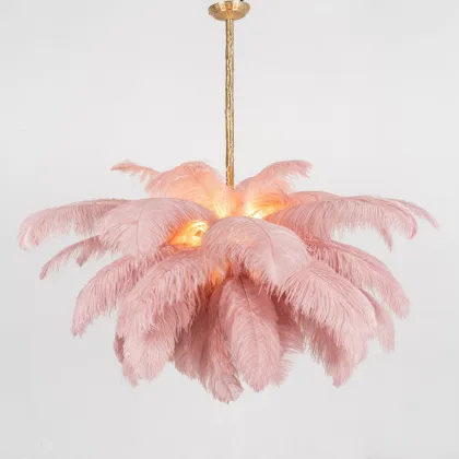 Indoor Nordic Brass Feather Chandelier - Golden Ostrich Feather Lamp