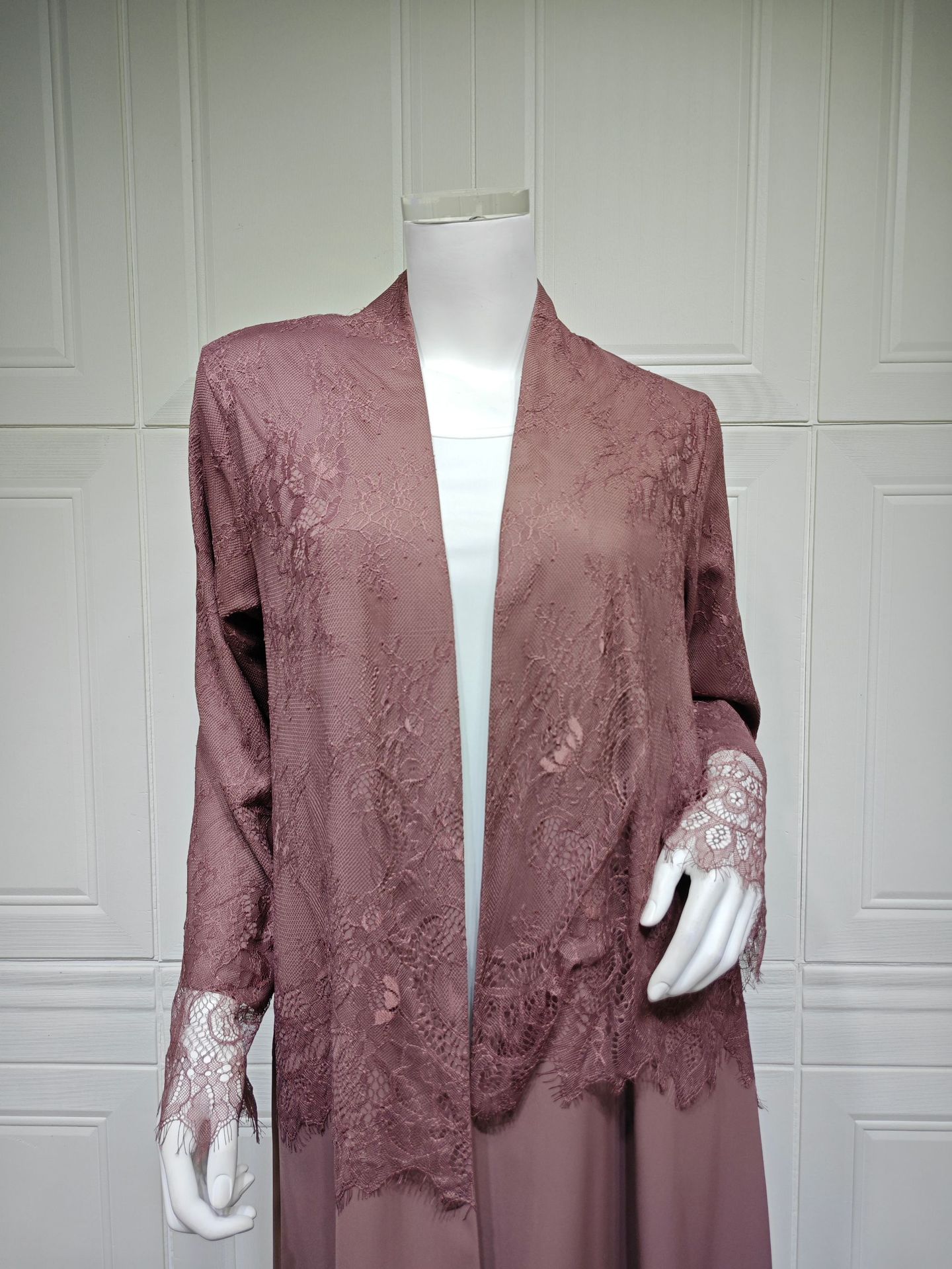 Elegant Lace Overlay Cardigan Open Abaya MQ261 (4)