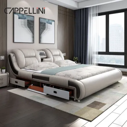 Modern Smart Leather Bed King/Queen Size with Multifunctional Luxury Features