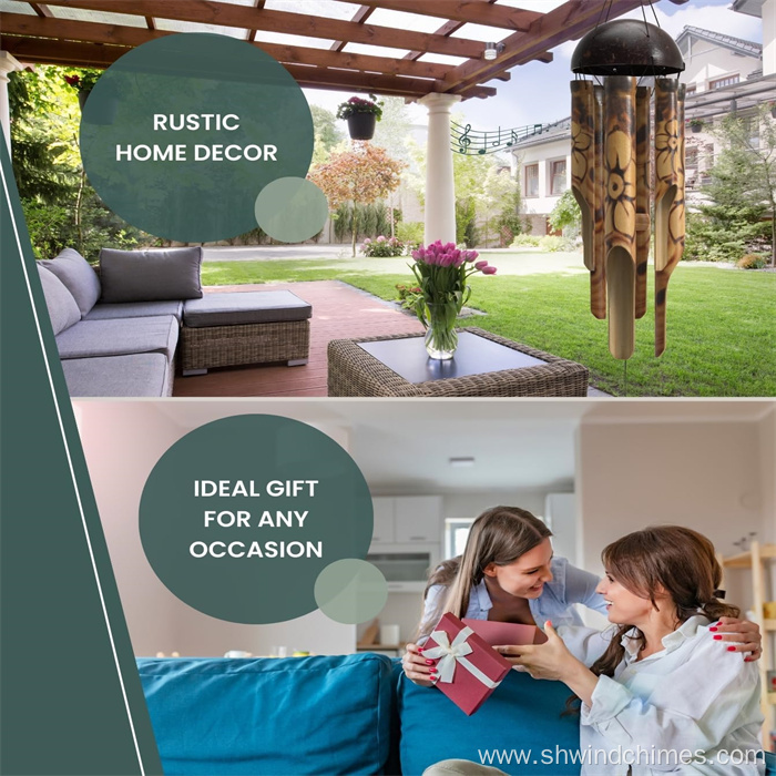 Bamboo Wind Chimes with Burned Design and Coconut Crown