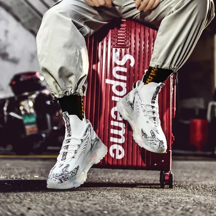 Fashion men's trendy thick-soled heightening socks shoes shock absorption breathable color matching multi-pattern running shoes