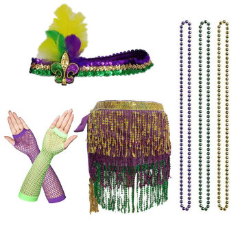 Mardi Gras Costume Accessory Set: Sequin Sunglasses, Skirts, Headbands, Beads & More